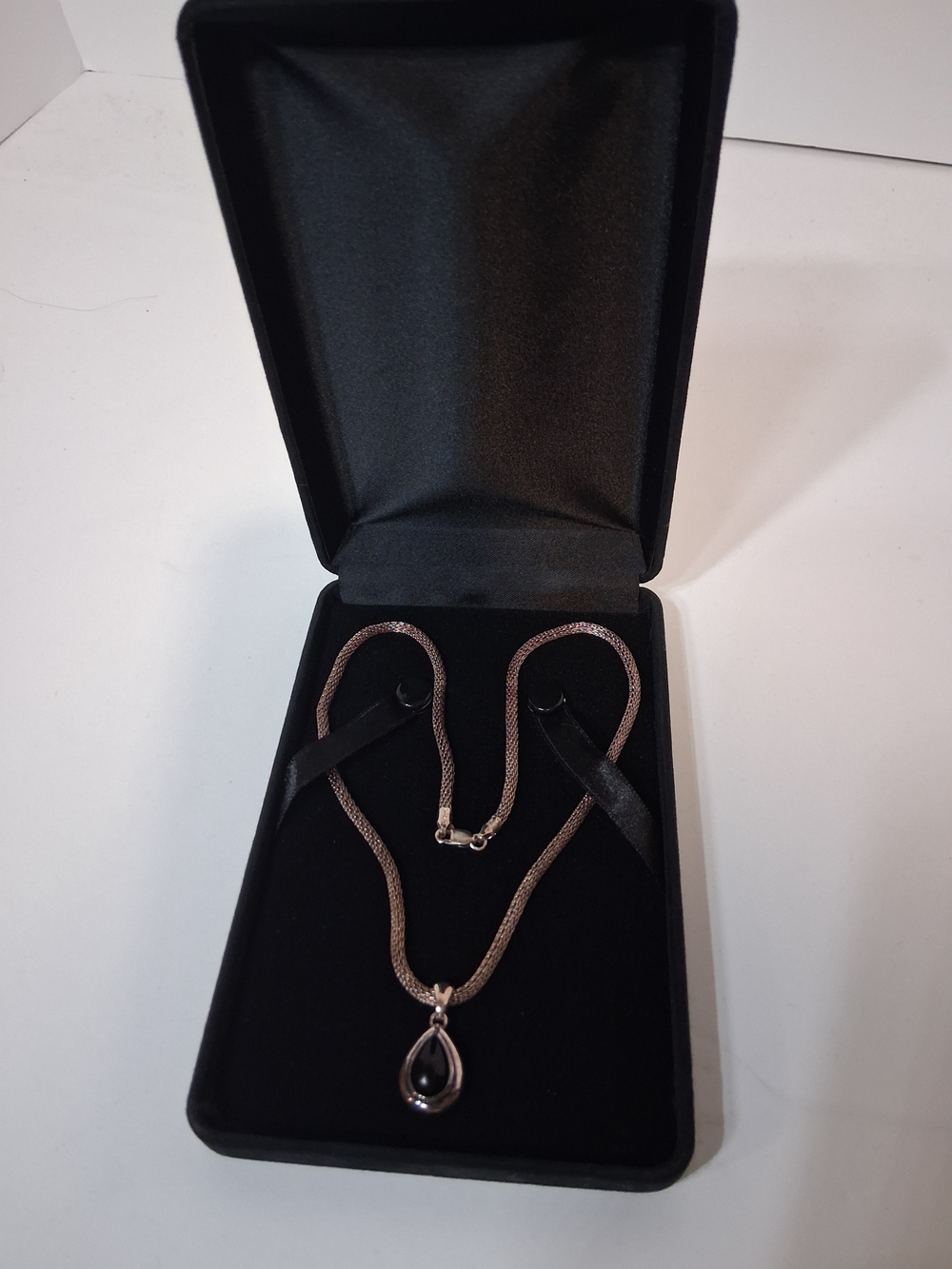 Milor 925 Sterling Silver 18" Mesh Necklace Black Onyx Teardrop Pendant